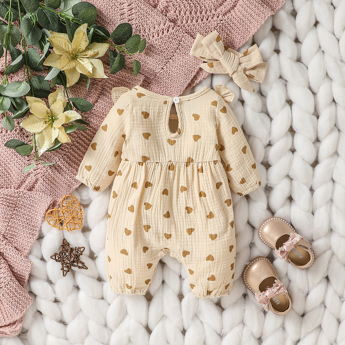 Sweetheart Days – Baby Girl Summer Cotton Jumpsuit with Bowknot & Love Print
