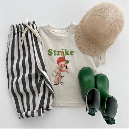 TinyTrend™ Vintage Cotton Stripe Pants – Unisex Casual Trousers with Pockets for Toddlers