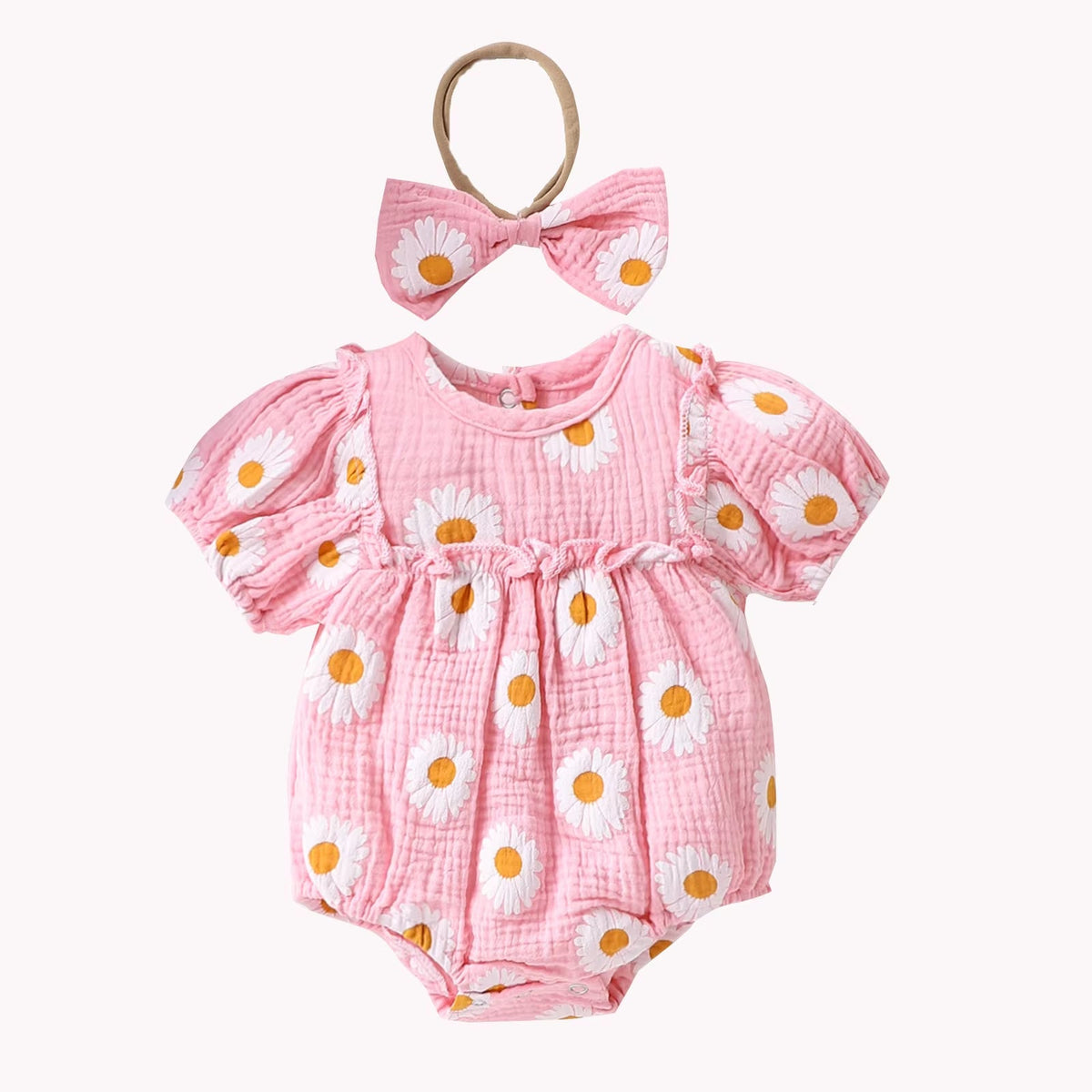 Daisy Whispers – Baby Girl Bubble Sleeve Lace Romper