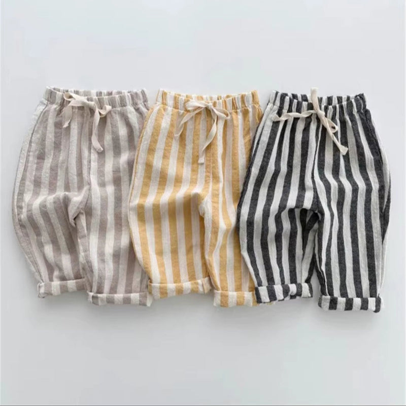 TinyTrend™ Vintage Cotton Stripe Pants – Unisex Casual Trousers with Pockets for Toddlers