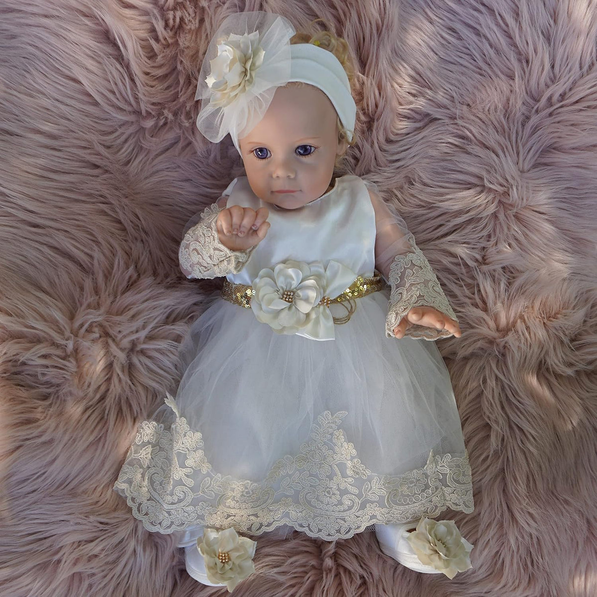 Newborn Baby Girl Lace Dress Set, 4Pc Outfit for Special Occassions