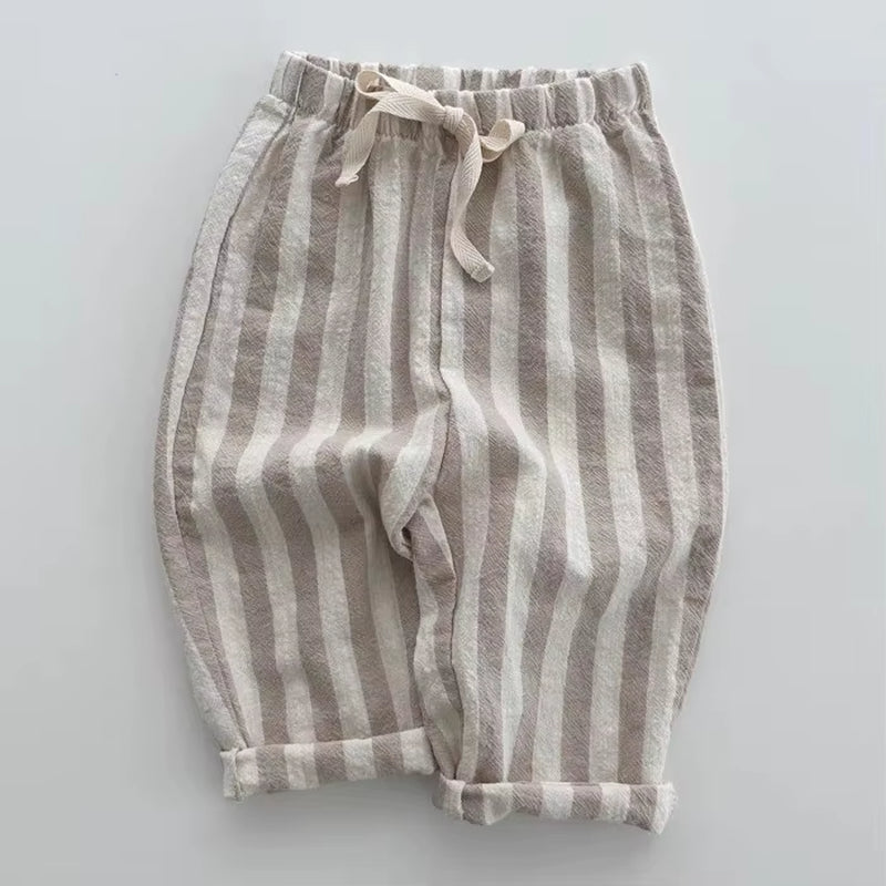 TinyTrend™ Vintage Cotton Stripe Pants – Unisex Casual Trousers with Pockets for Toddlers