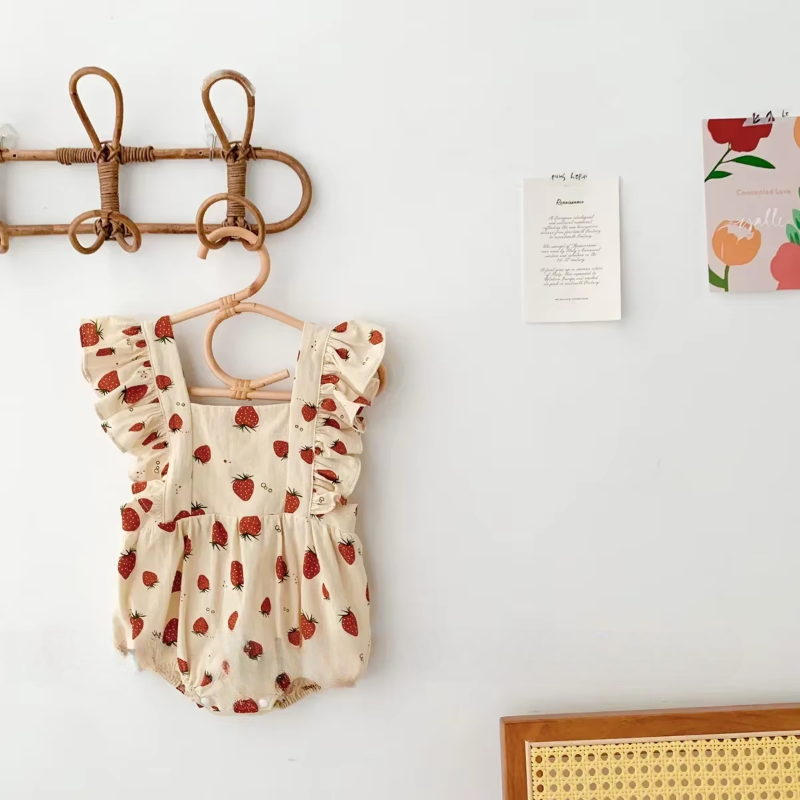 Berry Belle – Strawberry Print Ruffle Cotton Romper for Baby Girls